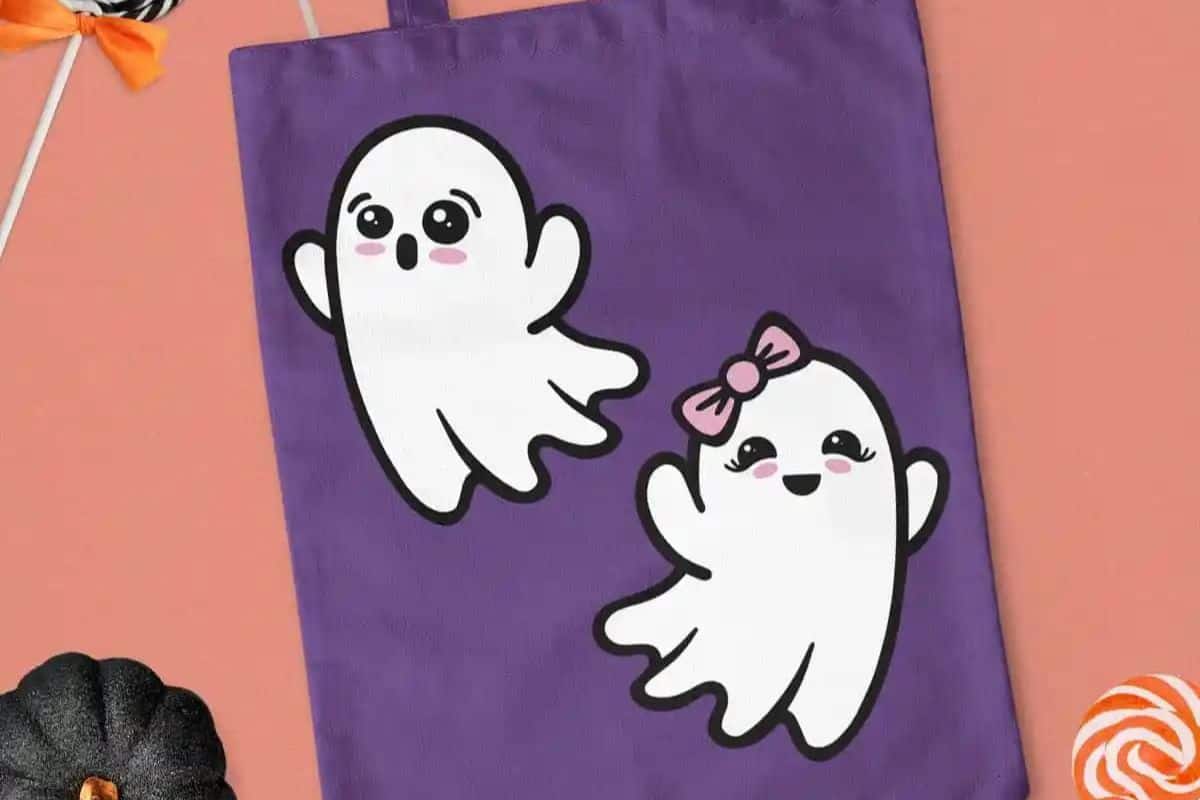 Purple trick or treat tote with cute ghosts on the front.