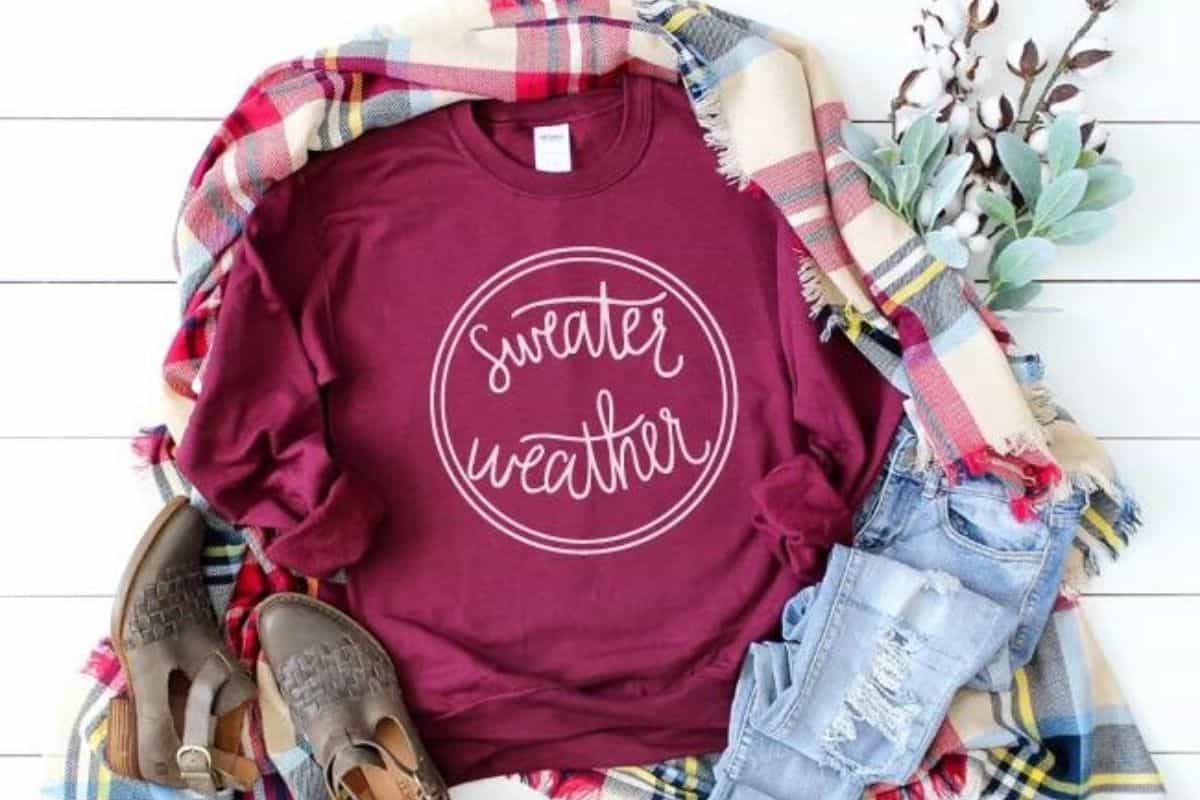 Pink long sleeve shirt with a design that reads 'Sweater Weather'.