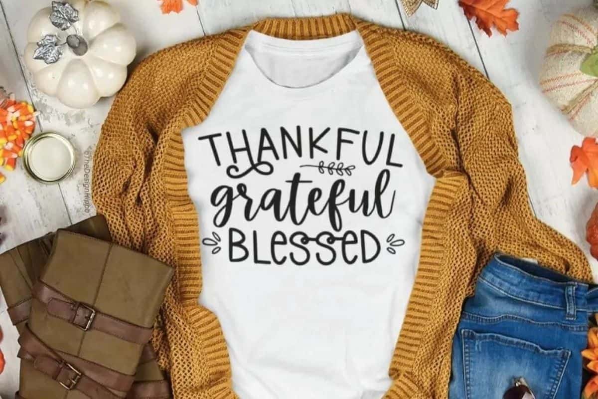 Thankful Grateful Blessed SVG on a white T-shirt.