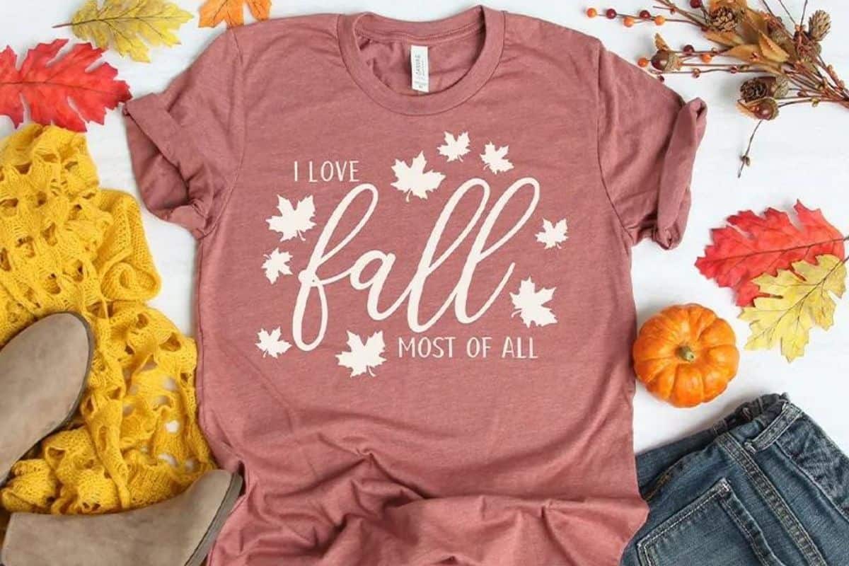 T-shirt with a design that reads 'I Love Fall Most of All'.
