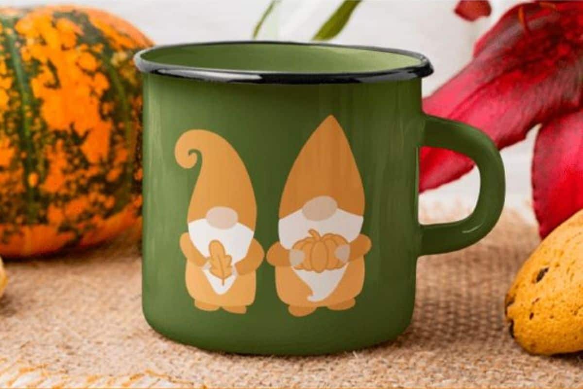 Fall Gnomes on a green coffee mug.