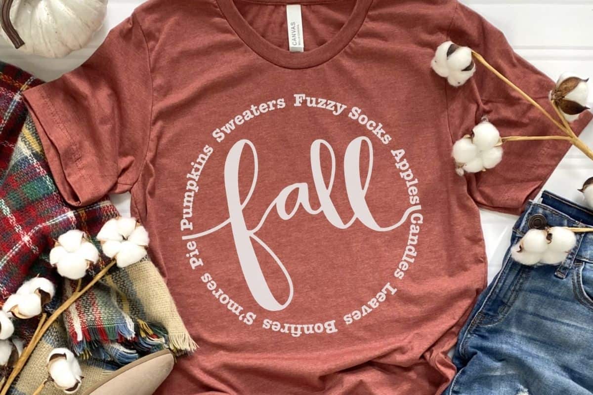 Fall Circle design on a red t-shirt.