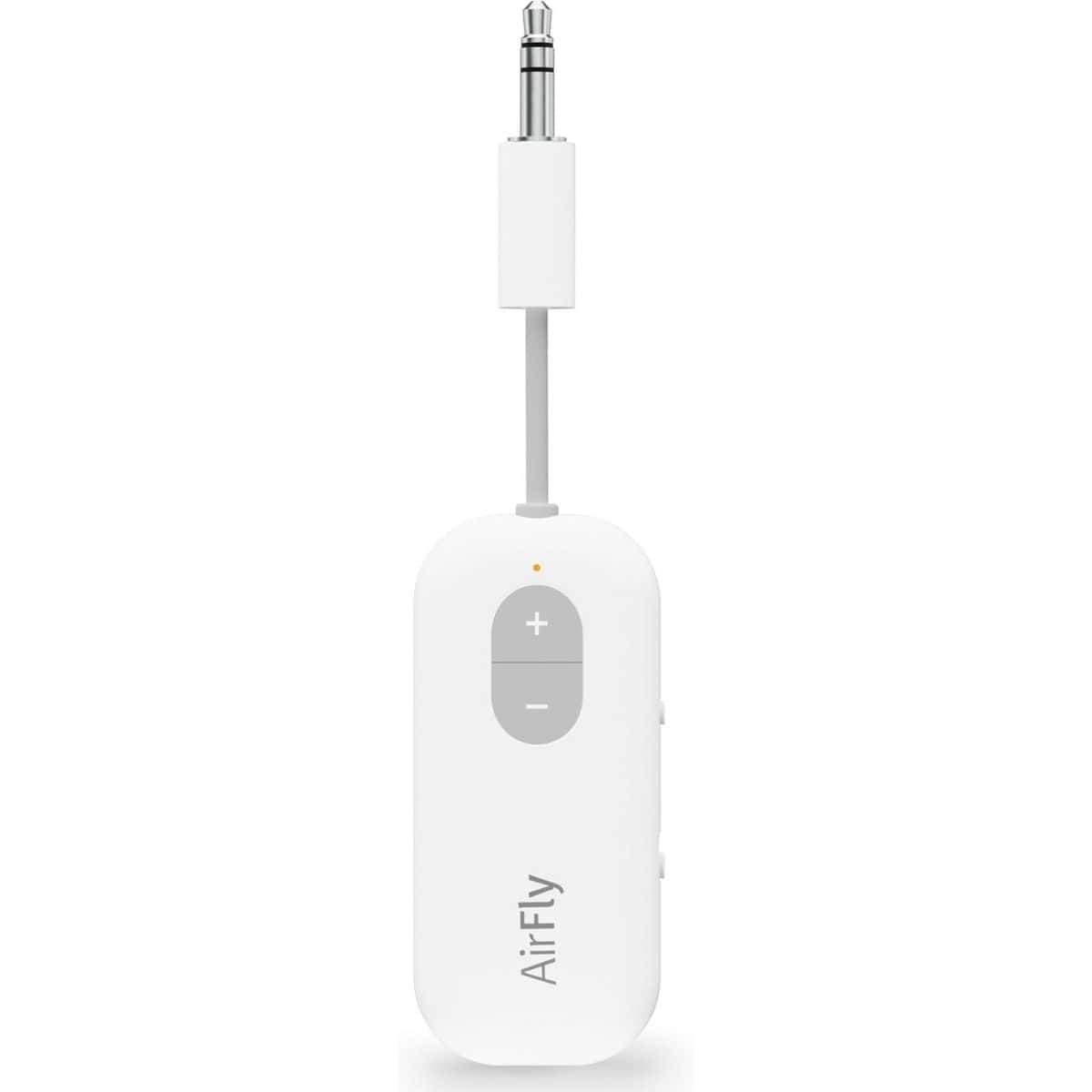AirFly Bluetooth transmitter with a short white aux cable and 3.5mm plug, designed to connect wireless headphones to devices with a headphone jack.