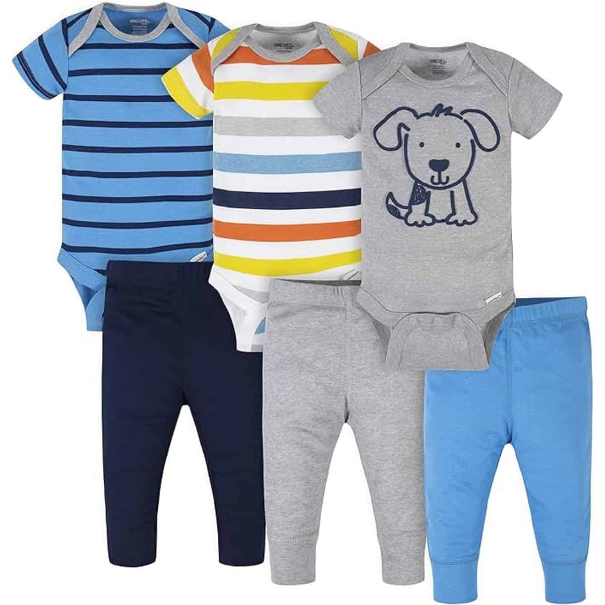 Set of baby clothes including three short-sleeve bodysuits with stripes and a dog print, paired with navy, gray, and light blue pants.