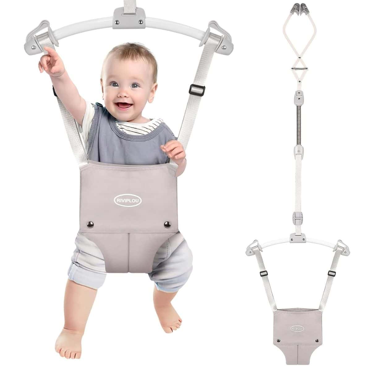 Baby doorway jumper with a smiling baby secured in a gray harness, shown hanging from an adjustable frame designed for safe bouncing and play.
