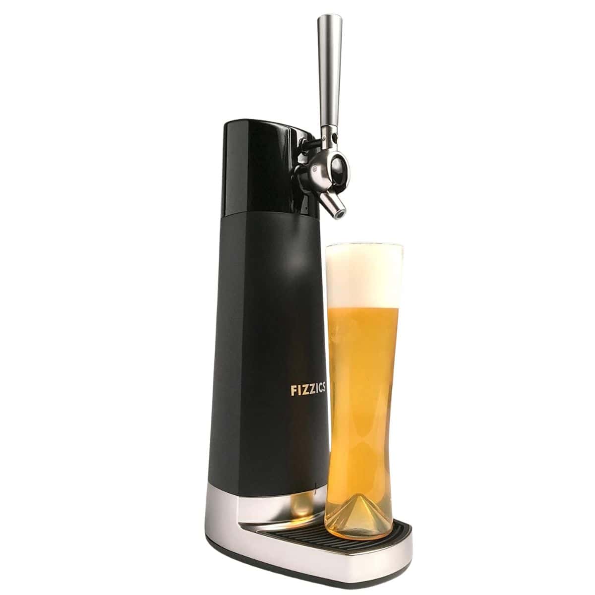 Black Fizzics beer dispenser with a tall glass of beer on the built-in stand, showing a foamy pour from the tap.