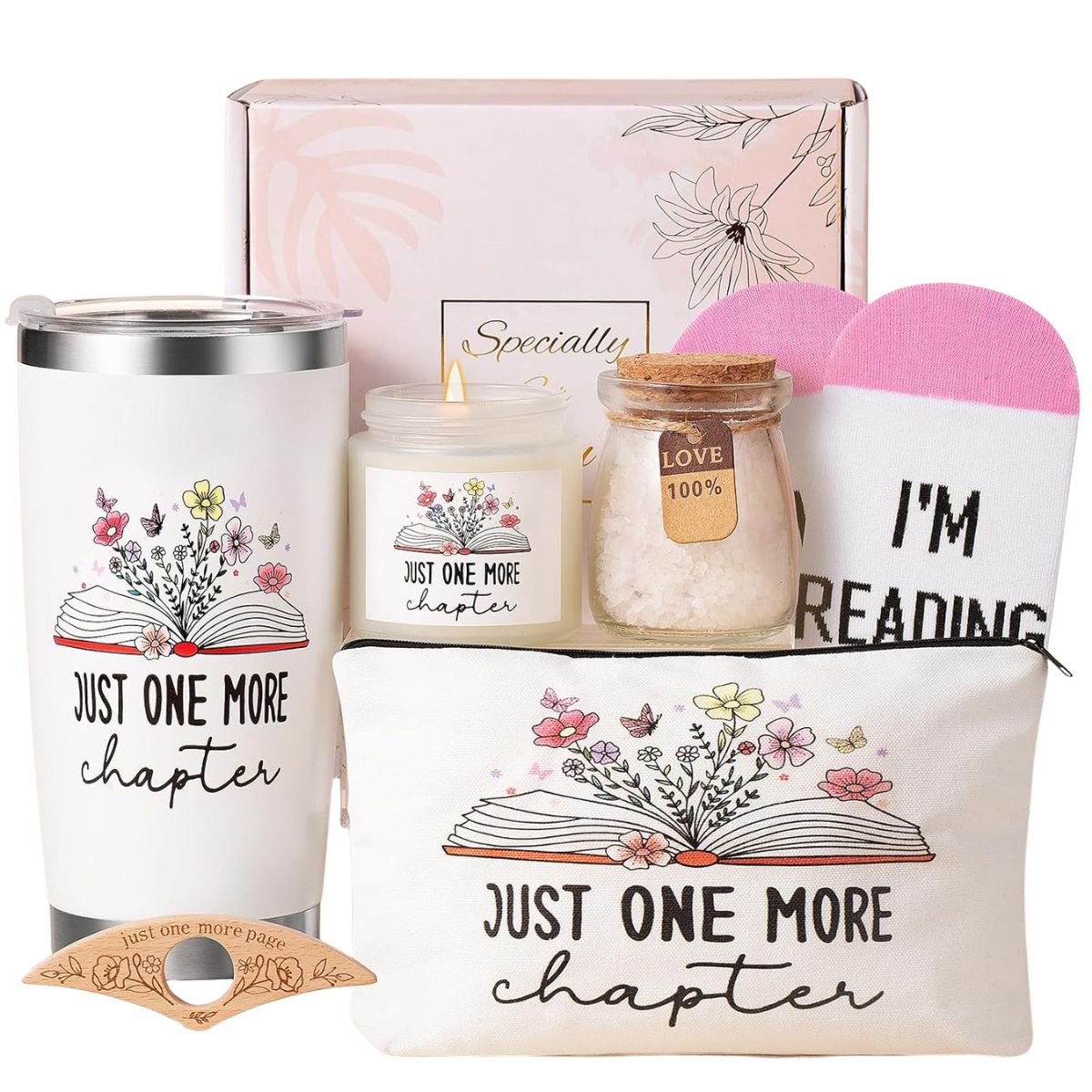 Book lover gift set with a tumbler, candle, pouch, socks, bath salts, and wooden page holder, all featuring