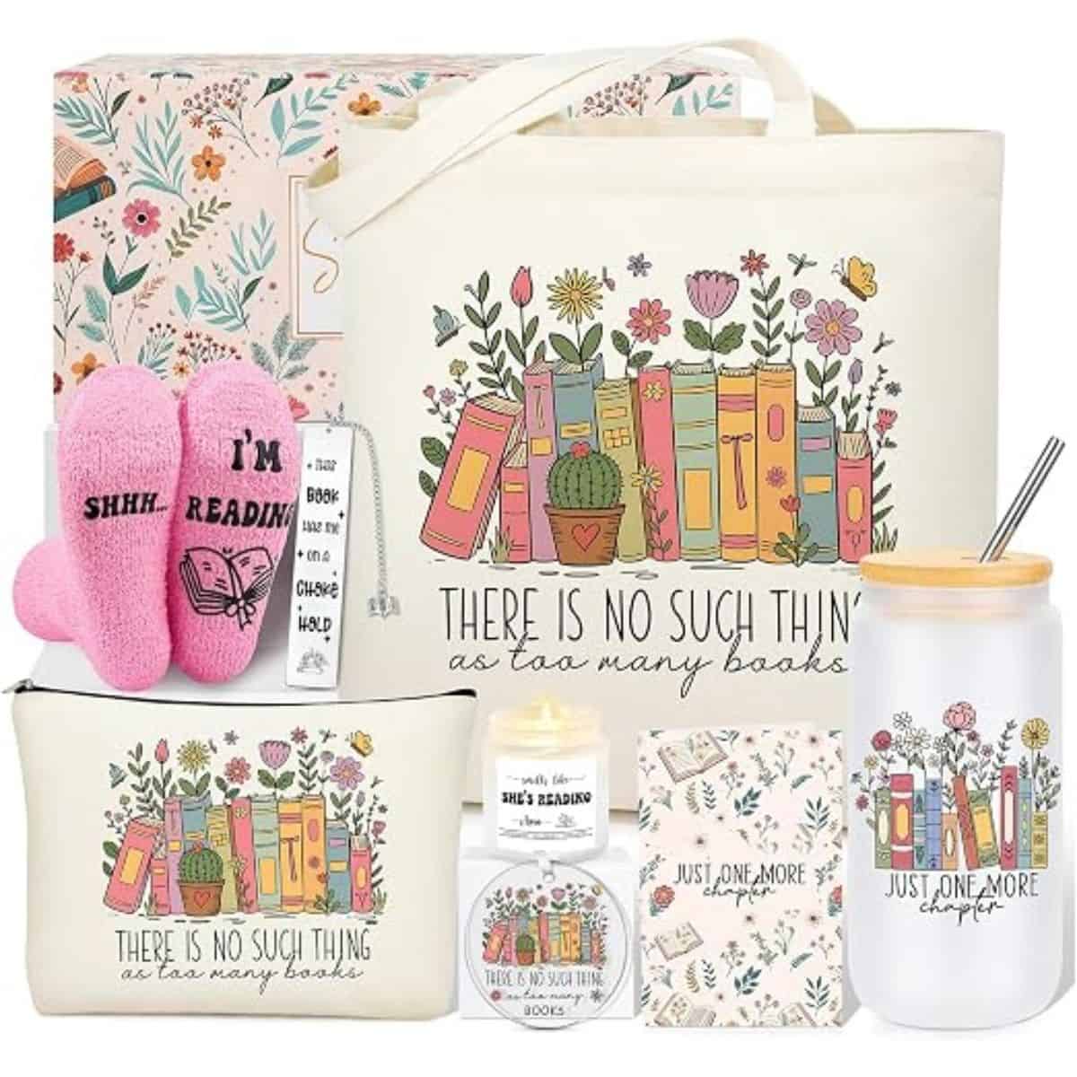 Book lover gift set with floral tote bag, reading socks, bookmark, pouch, candle, tumbler, and book-themed accessories.