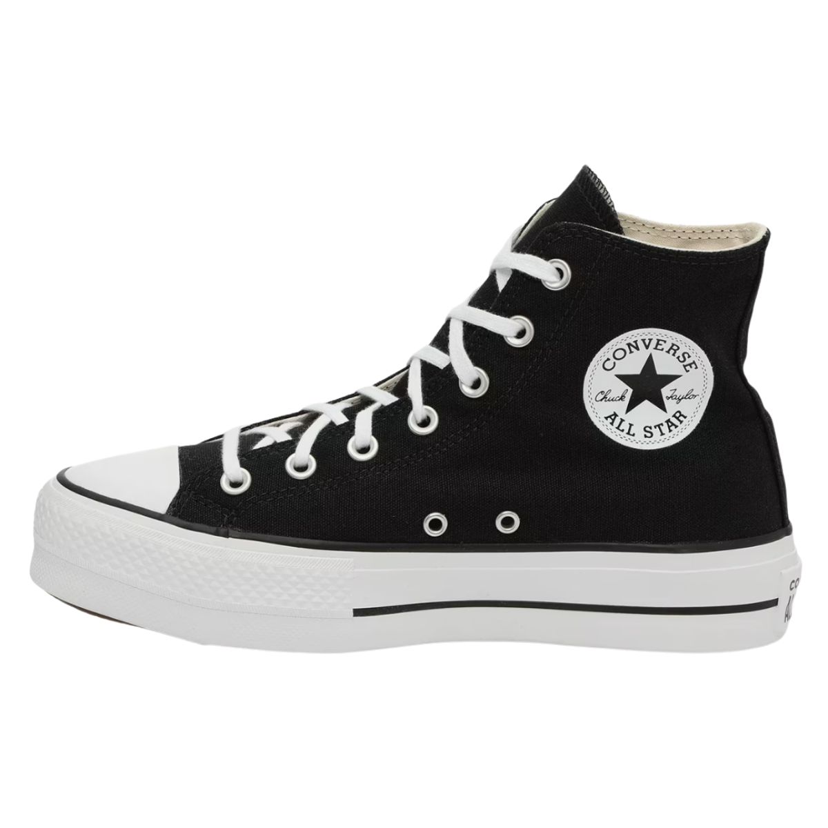 Black Converse Chuck Taylor All Star high-top sneaker with white rubber sole, white laces, and the classic circular logo patch on the side.