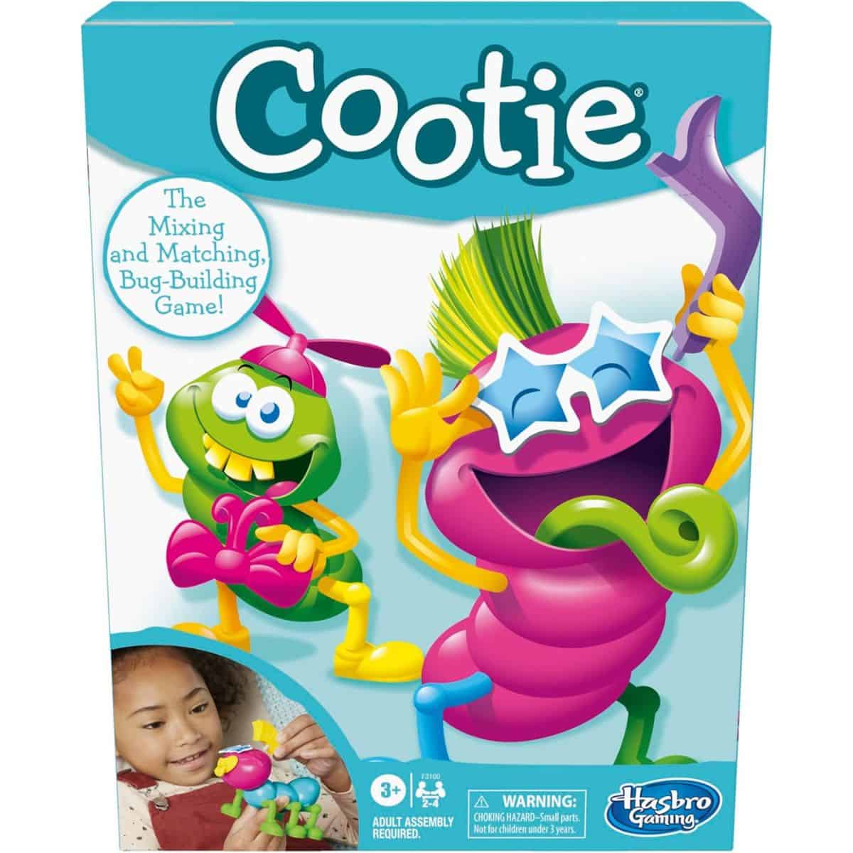 The Cootie game box featuring colorful mix-and-match bug characters, with an image of a child assembling a Cootie bug figure.