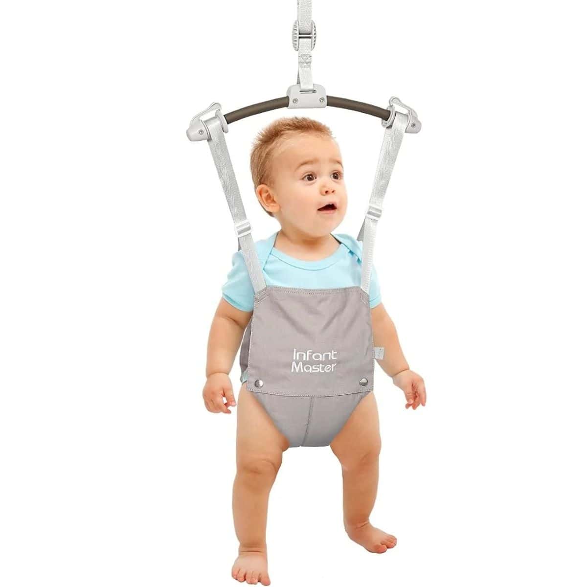 Baby doorway jumper with a smiling baby secured in a gray harness, shown hanging from an adjustable frame designed for safe bouncing and play.