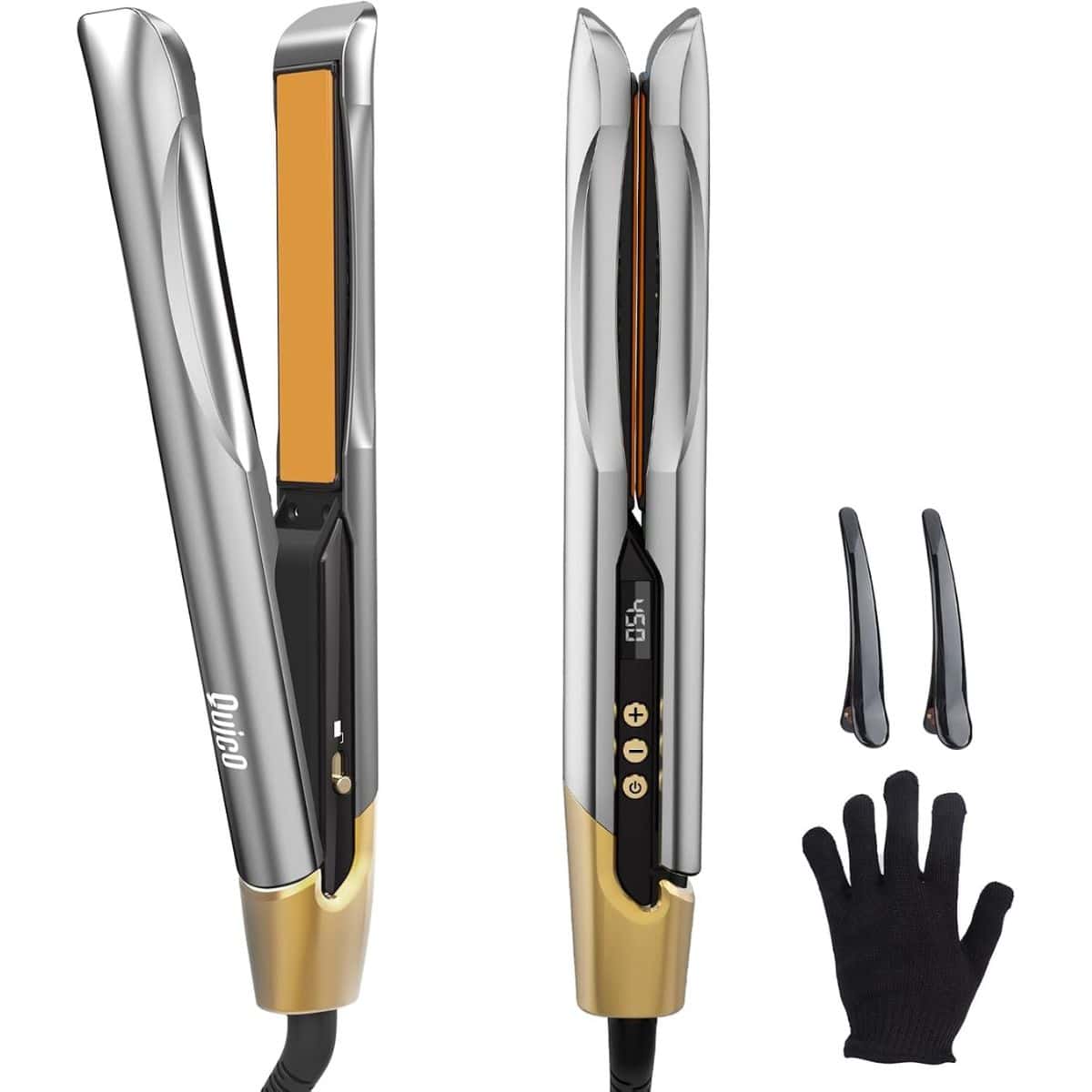 A silver and gold hair straightener with ceramic plates shown from multiple angles, displayed with two hair clips and a heat-protective glove.