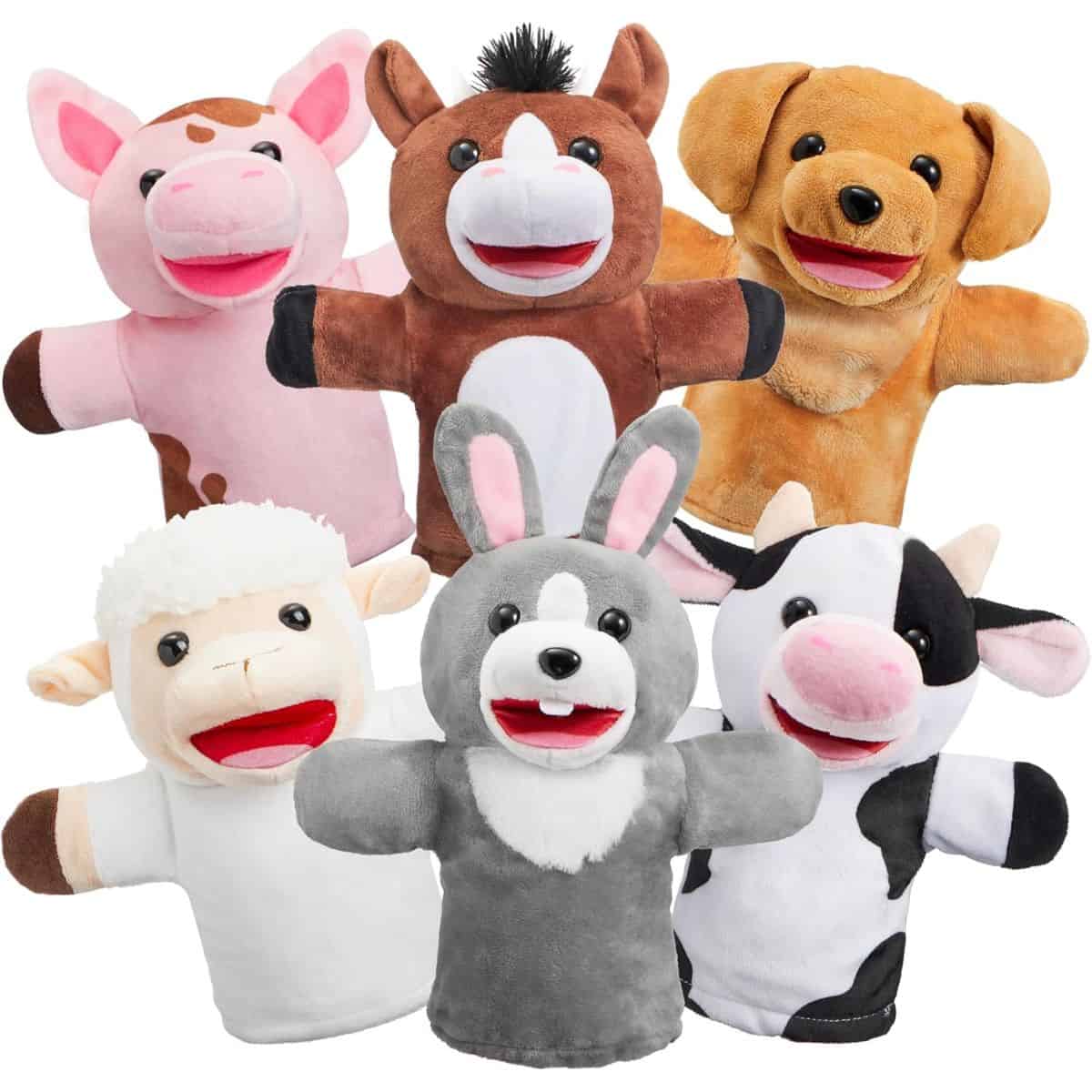 Set of six plush hand puppets shaped like farm animals, including a pig, horse, dog, sheep, bunny, and cow, all with bright colors and smiling faces.