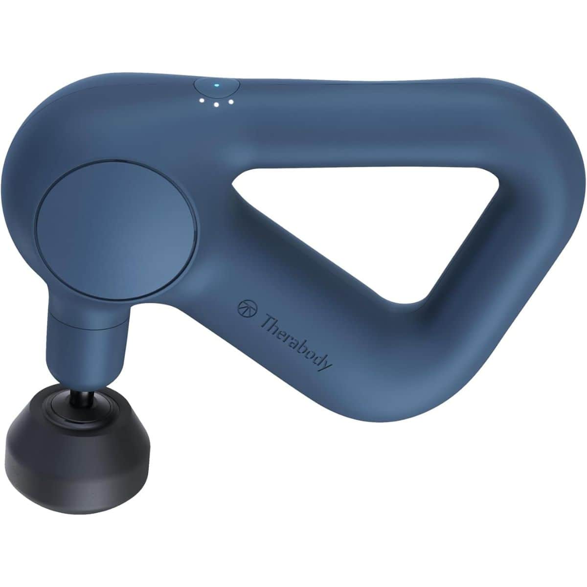 Handheld blue Therabody massage gun with a triangular handle and round attachment head.