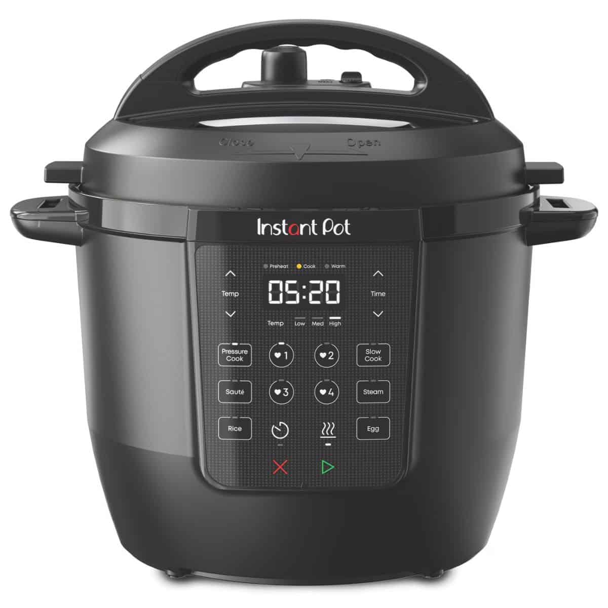 An Instant Pot pressure cooker with a digital control panel and multiple preset cooking buttons, shown from the front with its lid locked in place.