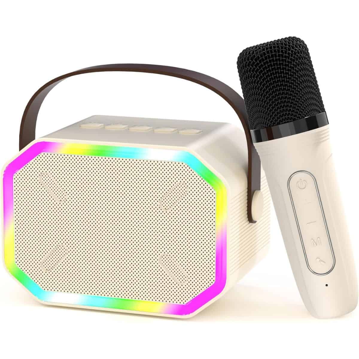 Kids karaoke machine with a portable speaker featuring glowing LED lights and a matching wireless microphone, designed for singing and play.