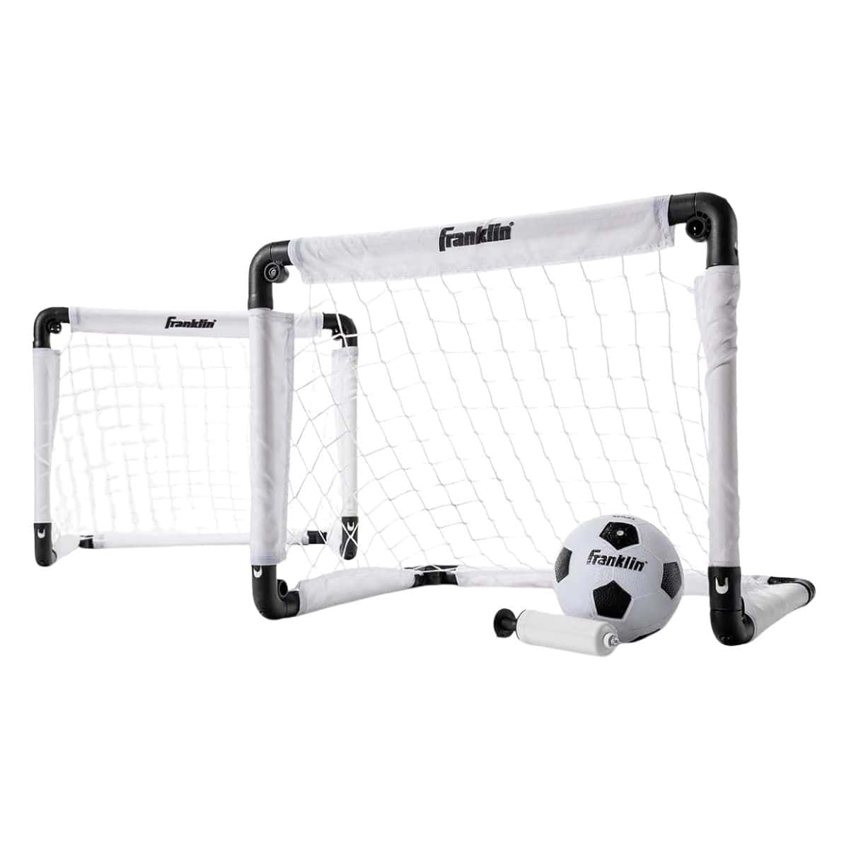 A kids' mini soccer goal set with two small Franklin goals, a black-and-white soccer ball, and a hand pump displayed on a white background.