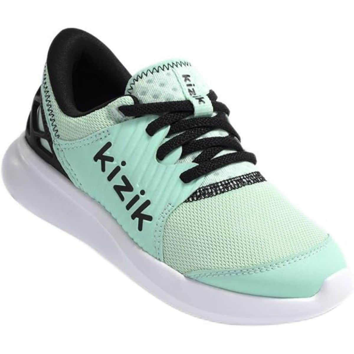 A mint green Kizik slip-on sneaker with black laces, a white sole, and a flexible heel design, shown from a side angle.