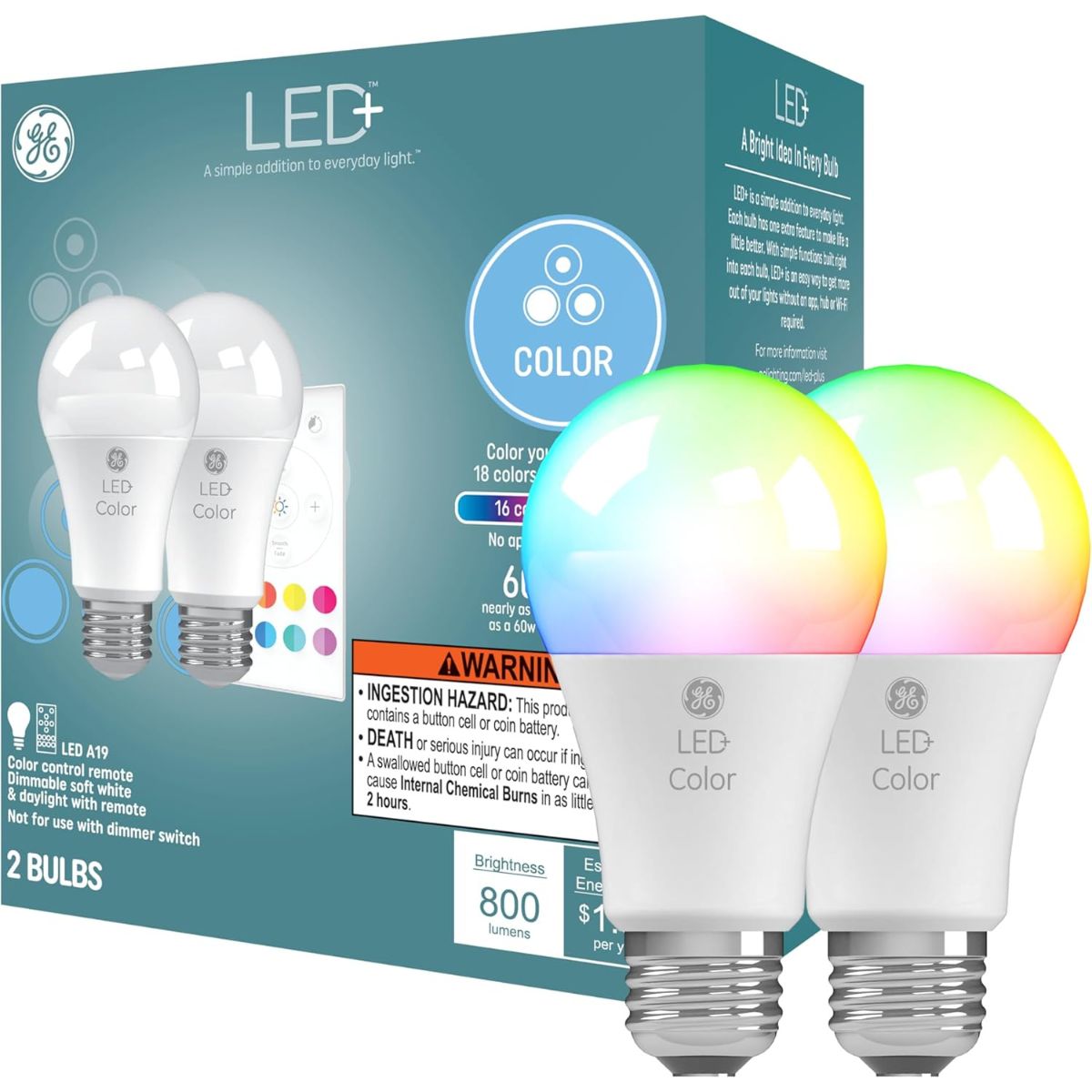 GE LED+ color-changing light bulbs with remote control shown in packaging, featuring two multicolor bulbs that adjust to 16 colors and 18 modes.