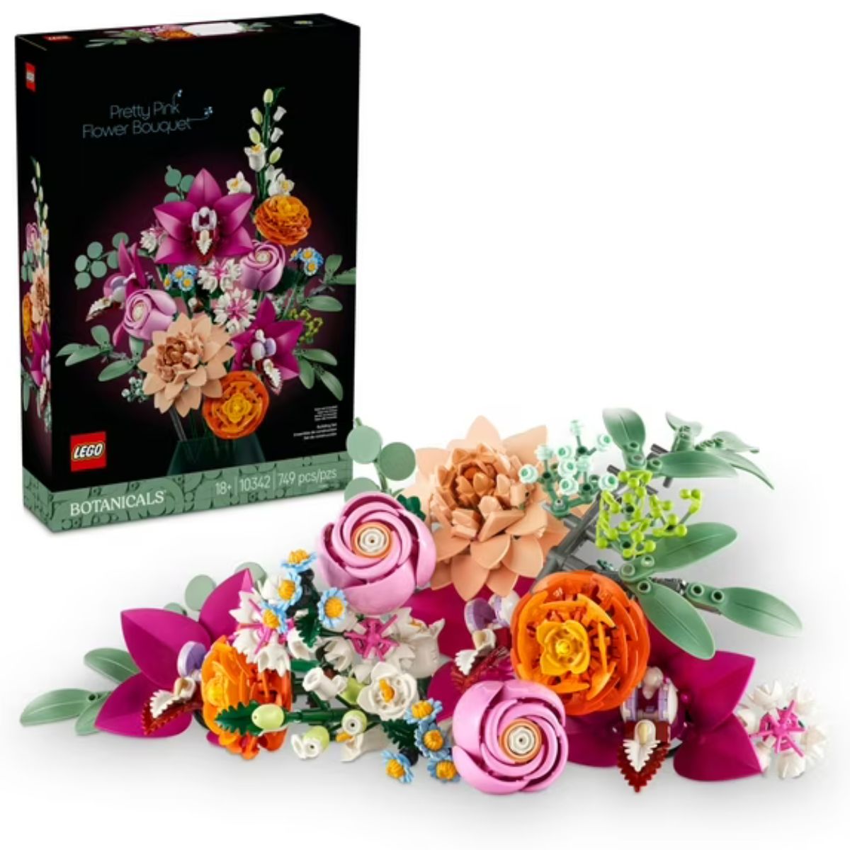 LEGO Botanicals flower bouquet set featuring pink and purple brick-built blooms arranged as a colorful artificial centerpiece.