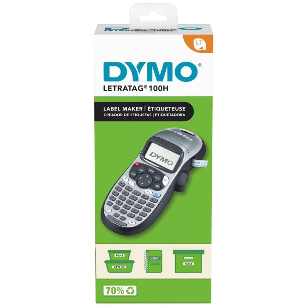 A boxed Dymo LetraTag 100H label maker shown on its packaging, featuring an image of the handheld device with a small display and keyboard.