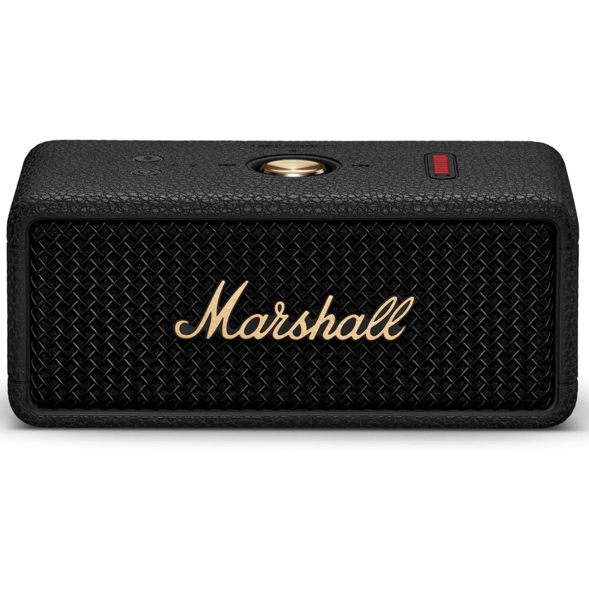 Black Marshall portable Bluetooth speaker with a textured front grille and gold logo.