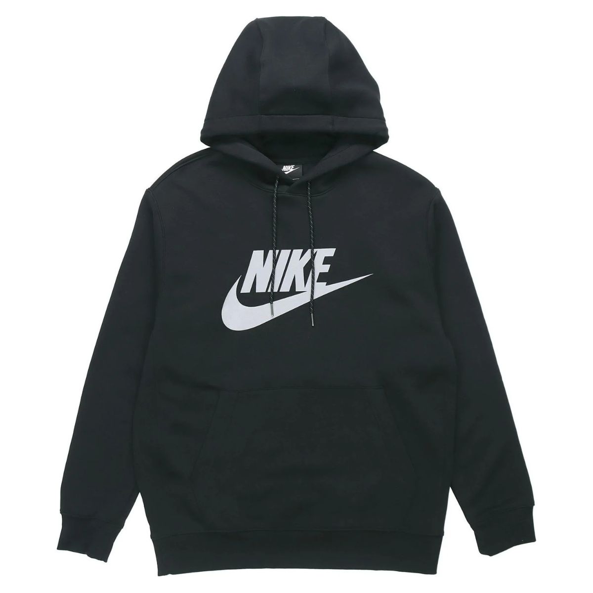 Black Nike hoodie with a large white Nike logo and front pocket laid flat on a white background.
