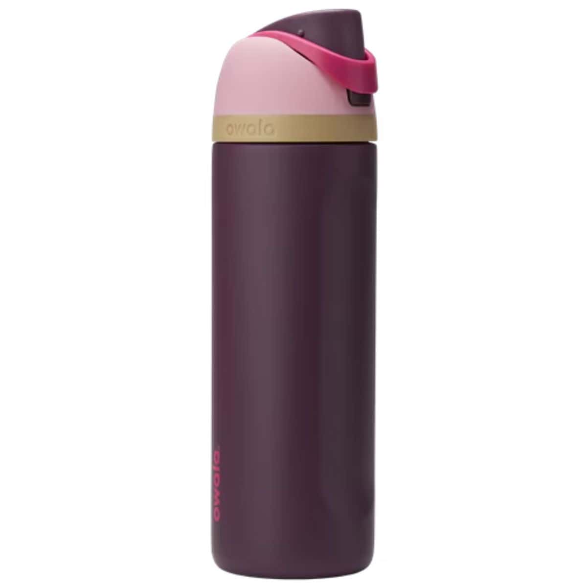 A stainless steel Owala FreeSip water bottle with a flip-top lid and built-in straw, shown standing upright.