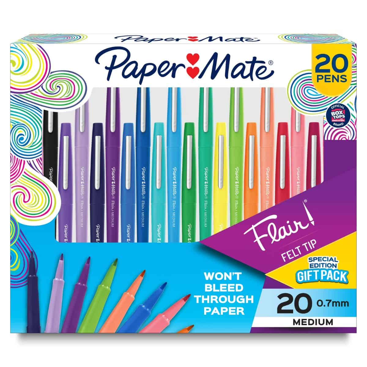 A boxed 20-count set of Paper Mate Flair felt tip pens displayed in assorted bright colors, shown in packaging with medium 0.7 mm tips.