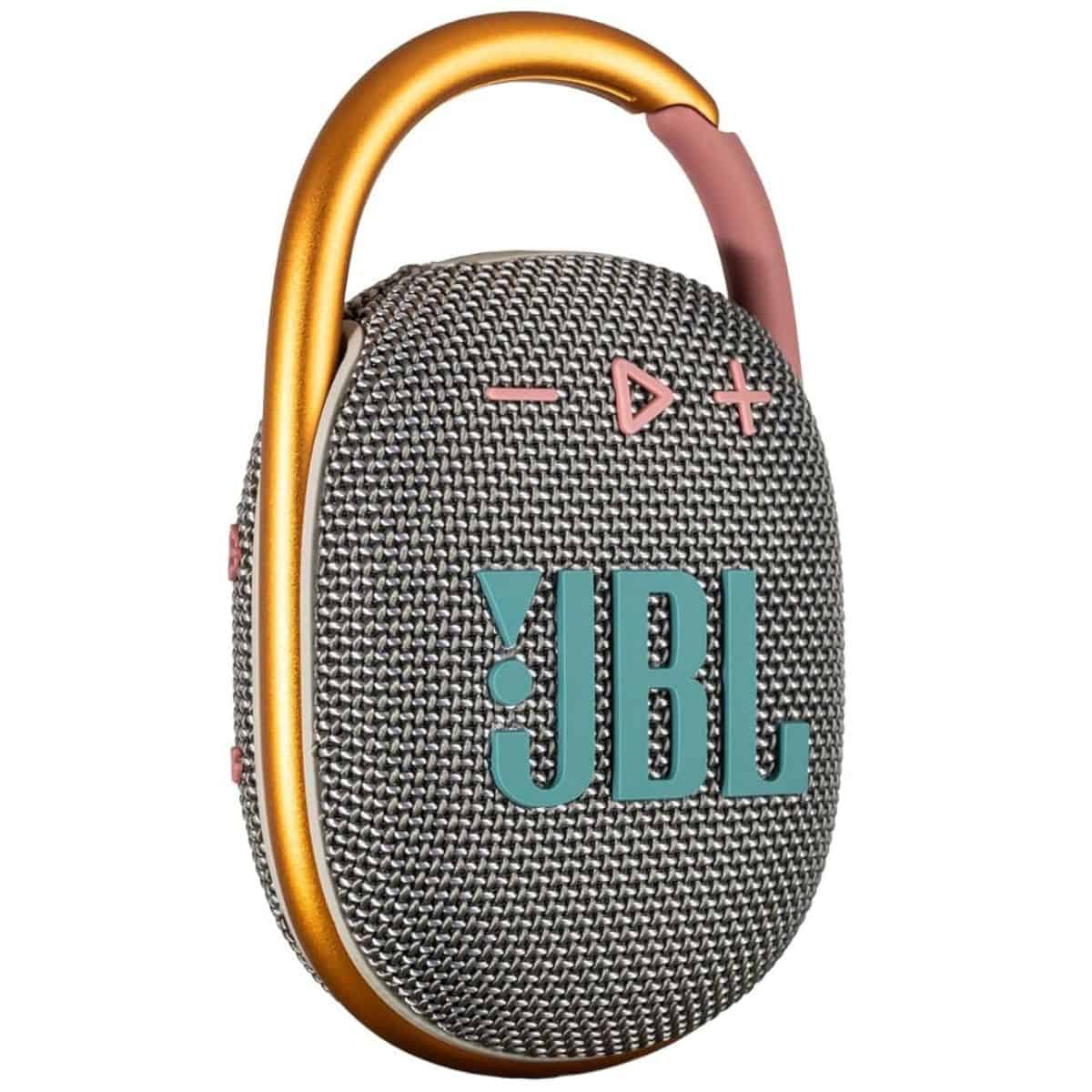 JBL portable Bluetooth speaker with a gold carabiner clip, mesh gray body, and teal JBL logo, featuring pink control buttons on top.