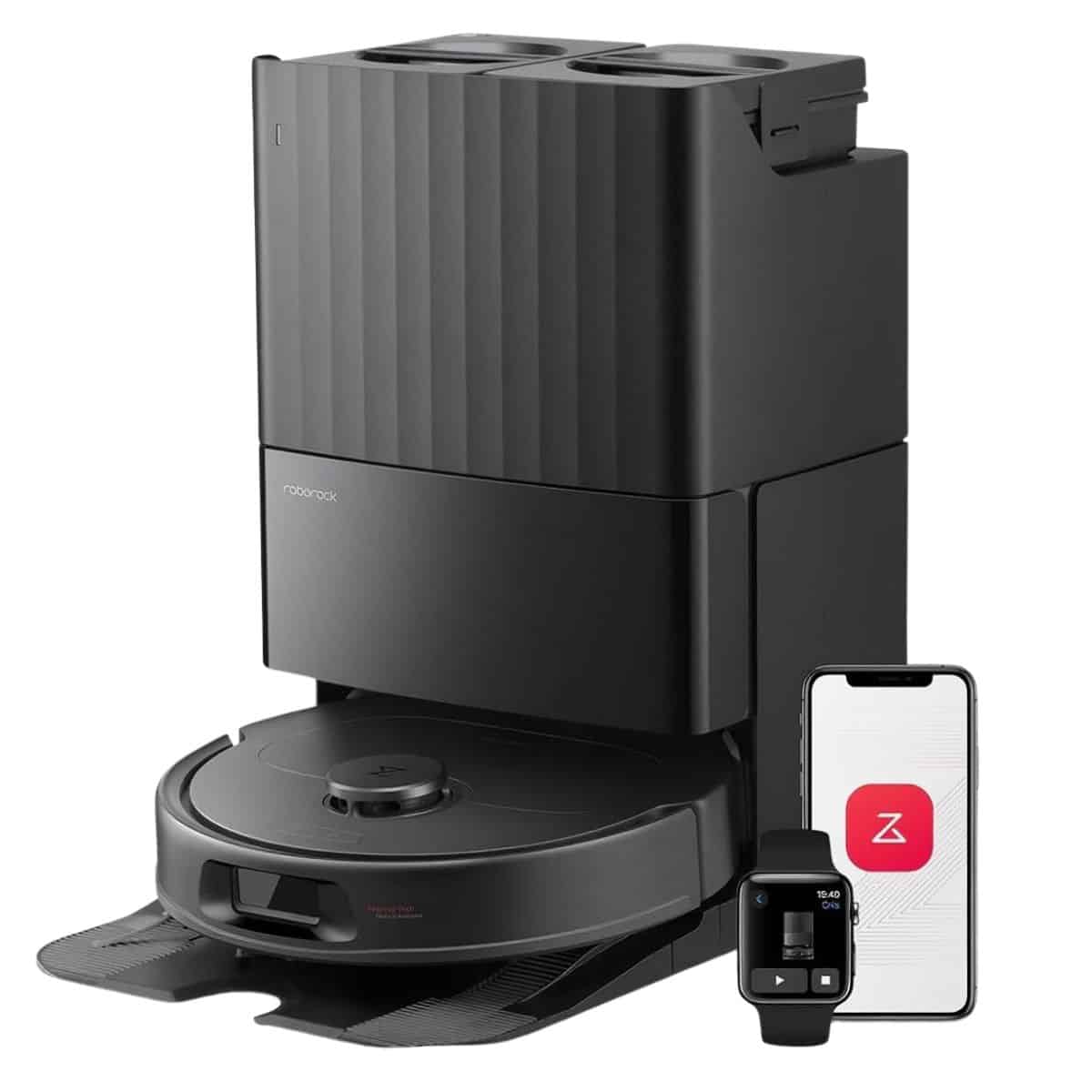 Self-emptying robot vacuum and mop system shown with its charging base, plus a smartphone and smartwatch displaying the companion app for smart home control.