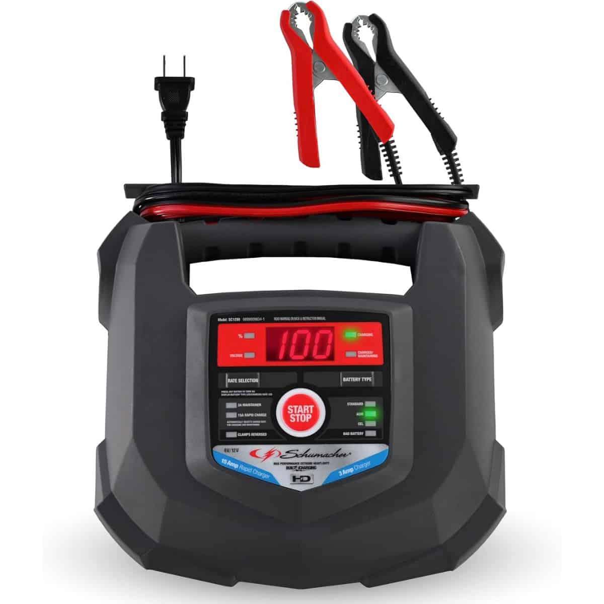 Schumacher battery charger with digital display, attached jumper cables, and a built-in handle for charging and maintaining vehicle batteries.