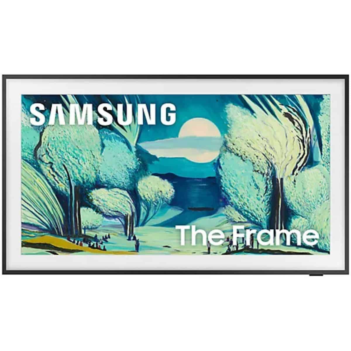 Modern Samsung The Frame TV showing decorative art for a gallery-style home setup.