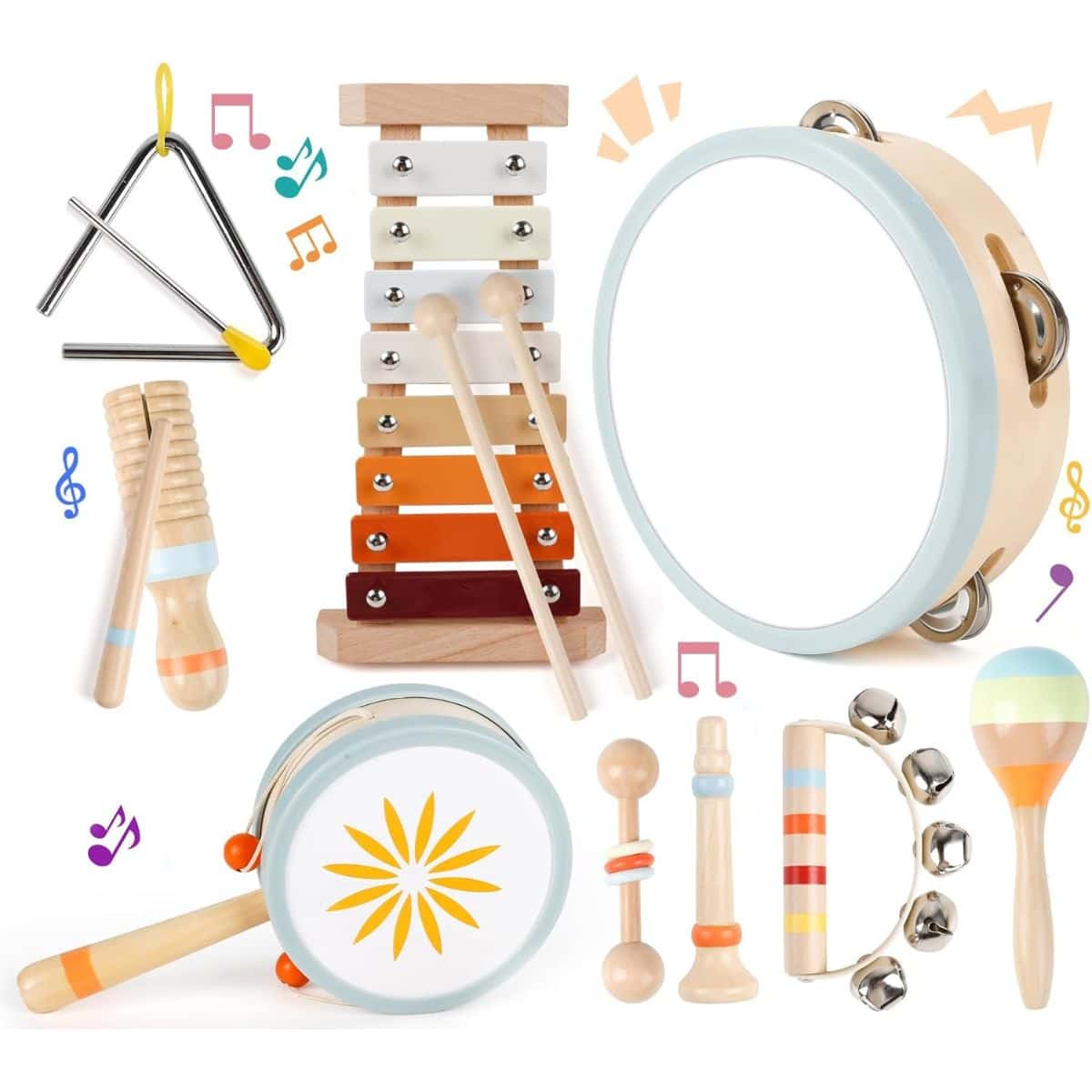 Assorted wooden toddler musical instruments including a xylophone, tambourine, drum, maracas, bells, triangle, and rhythm sticks arranged together.