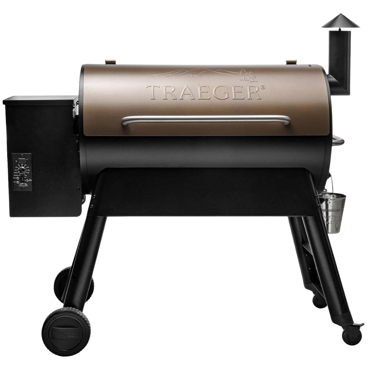 Traeger pellet grill with a bronze lid, black body, chimney, and sturdy wheeled legs.