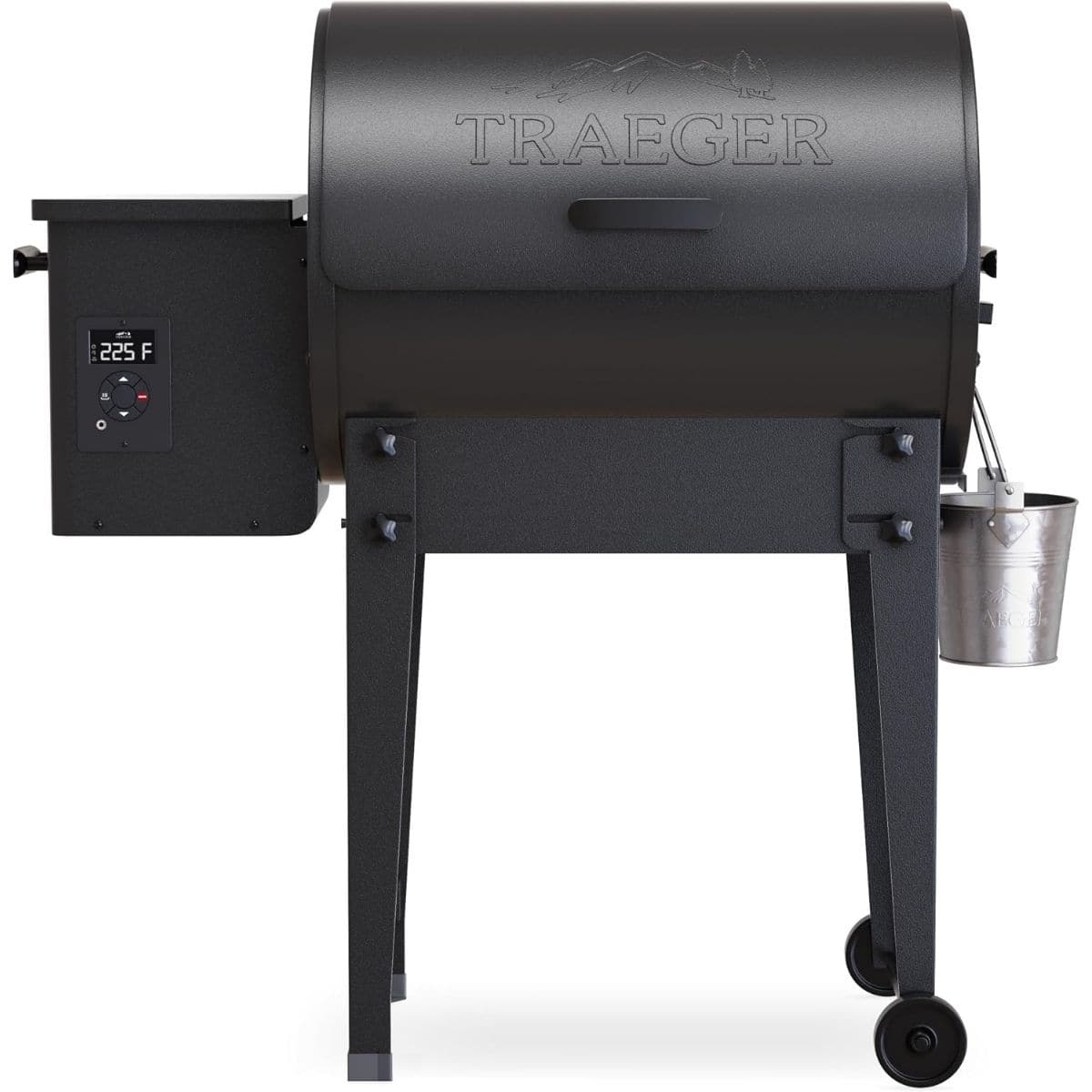 Black Traeger Tailgater portable wood pellet grill with digital temperature controls, folding legs, wheels, and grease bucket.