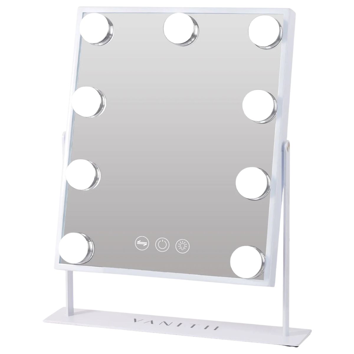Rectangular vanity makeup mirror with eight round LED lights and touch controls on a white stand labeled