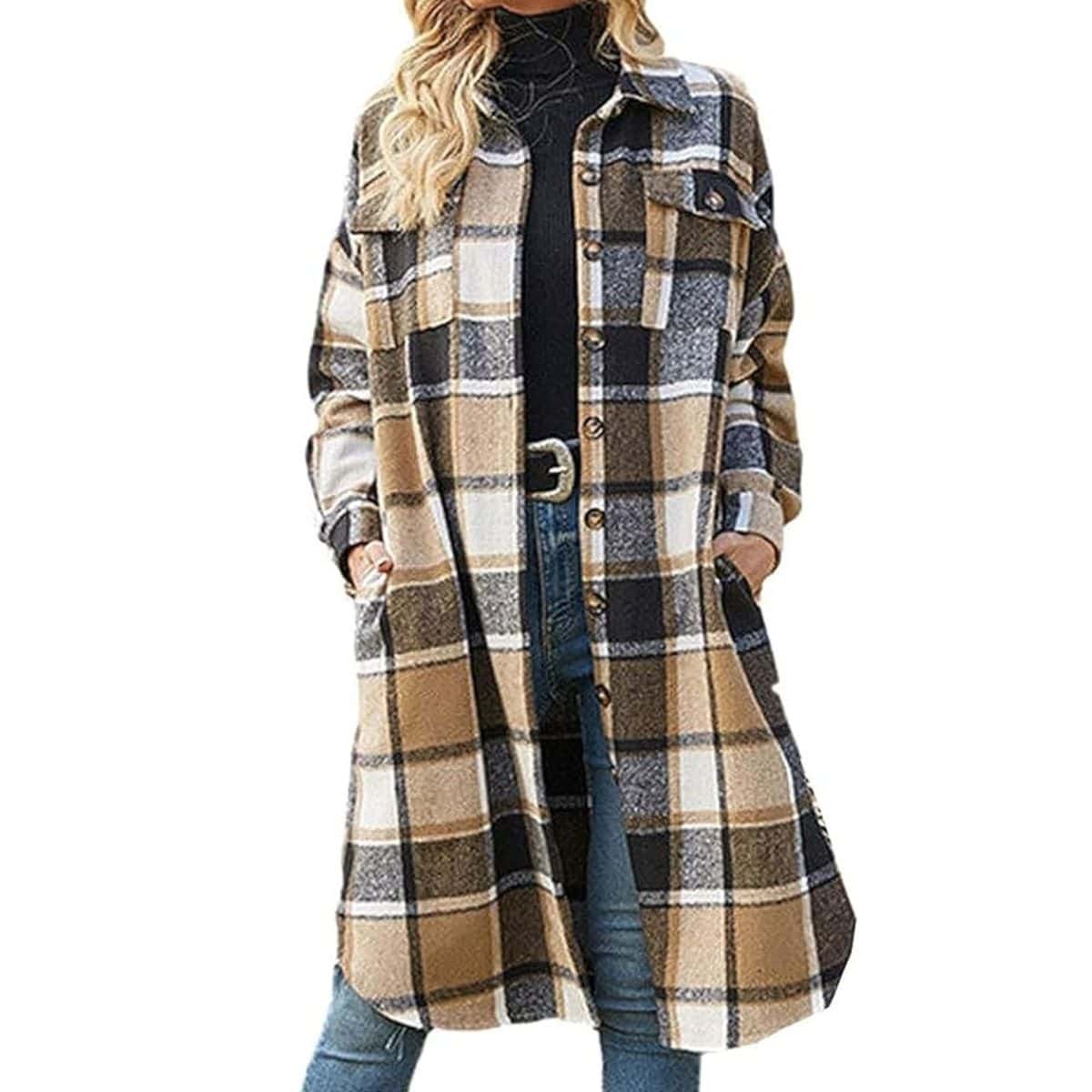 A long plaid shacket worn open over a turtleneck, featuring a button front, chest pocket, and side pockets.