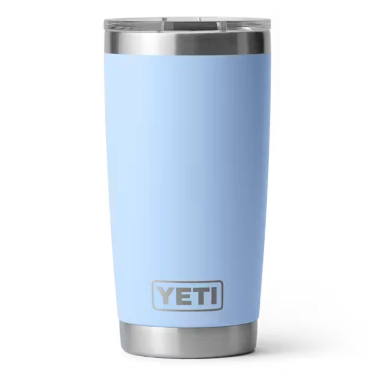 Light blue YETI 20-ounce stainless steel tumbler with a clear lid, shown standing upright against a white background.