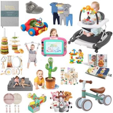 Collage of infant gift ideas including baby toys, walkers, puppets, books, blocks, play mats, a balance bike, clothing sets, and learning activities on a white background.
