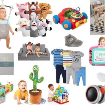 Collage of Christmas gift ideas for infants and toddlers, including baby toys, clothing, a balance bike, activity cube, and wooden playpen.