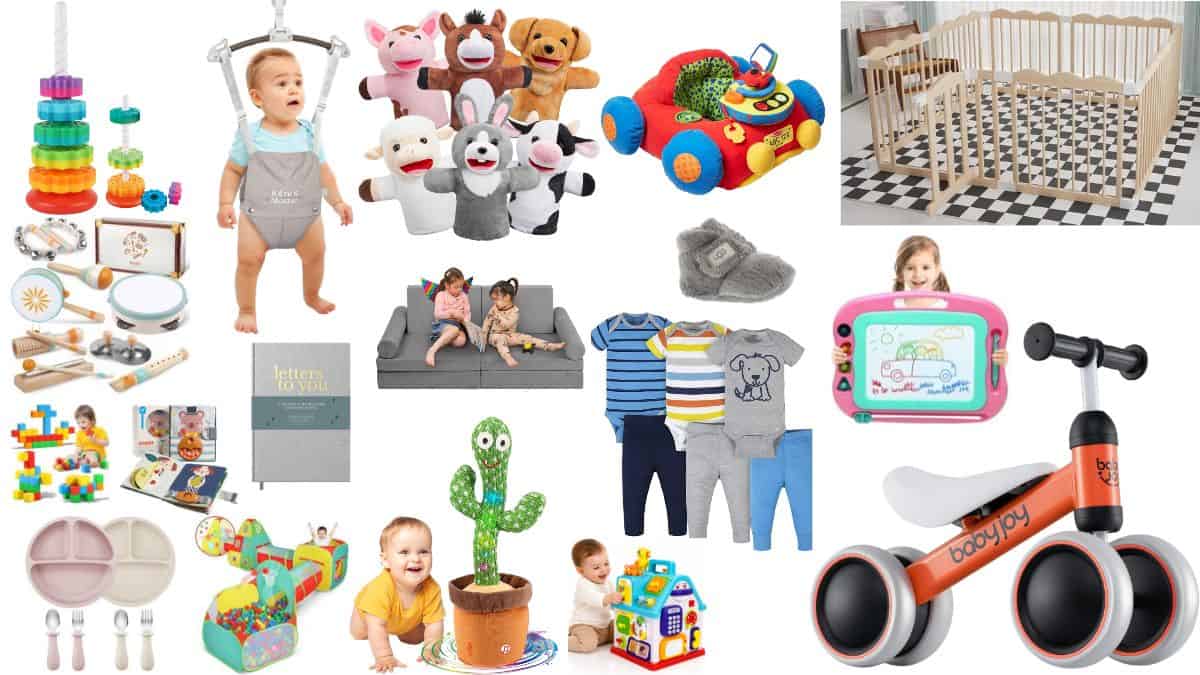 Collage of Christmas gift ideas for infants and toddlers, including baby toys, clothing, a balance bike, activity cube, and wooden playpen.