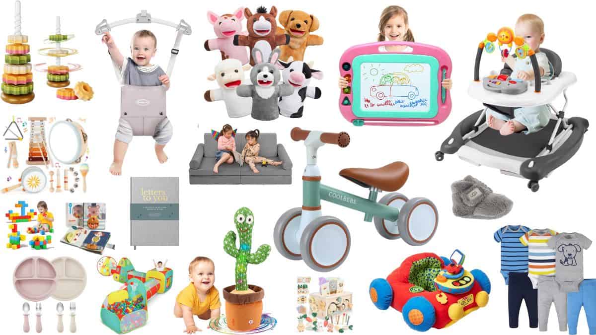 Collage of infant gifts including toys, walkers, plush puppets, playsets, a balance bike, soft books, clothes, shoes, and musical toys arranged on a white background.