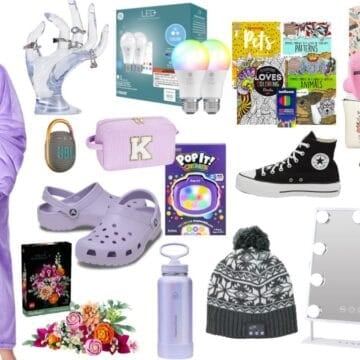 Holiday gift guide for girls featuring a wearable blanket, Crocs, sneakers, books, beauty accessories, a water bottle, and other gifts.