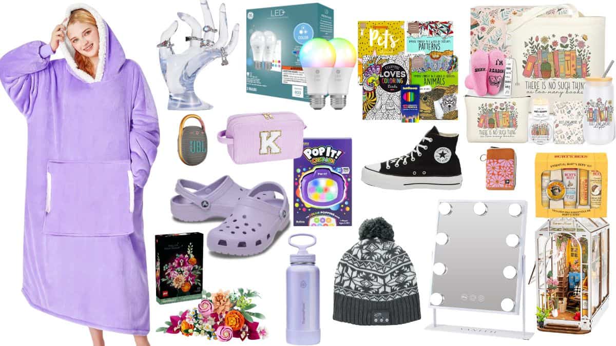 Holiday gift guide for girls featuring a wearable blanket, Crocs, sneakers, books, beauty accessories, a water bottle, and other gifts.