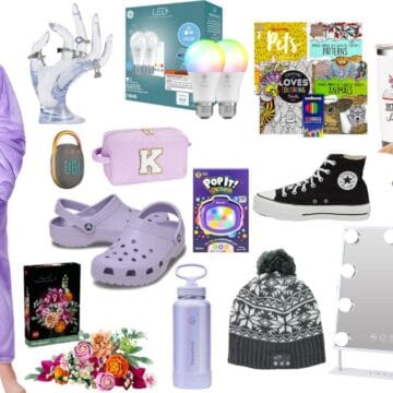 Collage of holiday gift ideas for women including cozy wear, beauty sets, home decor, tech gadgets, crafts, and accessories in soft pastel and neutral colors.