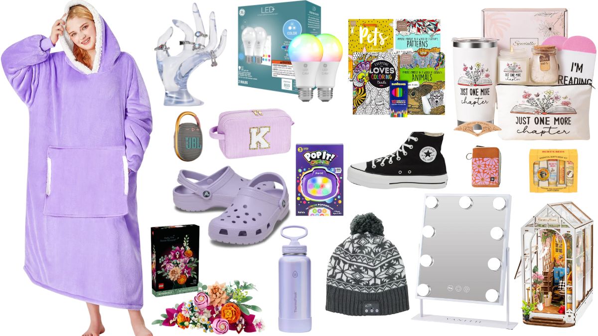 Collage of holiday gift ideas for women including cozy wear, beauty sets, home decor, tech gadgets, crafts, and accessories in soft pastel and neutral colors.