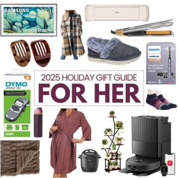 A collage of products featured in a “2025 Holiday Gift Guide for Her,” including clothing, home gadgets, beauty tools, cozy accessories, and popular household items.