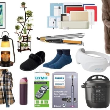 Holiday gift guide for women featuring a Cricut machine, cozy clothing, slippers, beauty tools, kitchen appliances, and tech gadgets.
