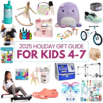 A collage of toys and gifts for kids ages 4–7, including a balance board, plush toys, bikes, art supplies, walkie-talkies, play kitchen, drone, desk set, and sports gear.